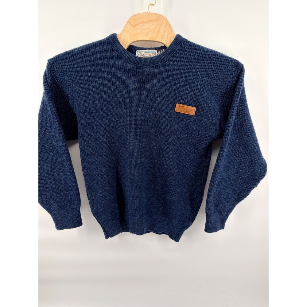 VTG River Valley New Zealand 100% Wool Chunky Sweater Mens S Navy Crewneck Logo